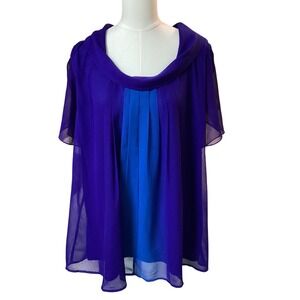 Denim 24/7 Womens Plus 20W Purple Blue Colorblock Cowl Neck Chiffon Blouse Top